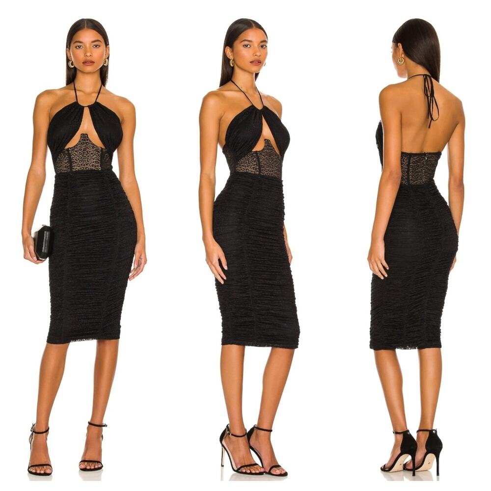 Revolve Black Halter Lace-Detail Midi Dress